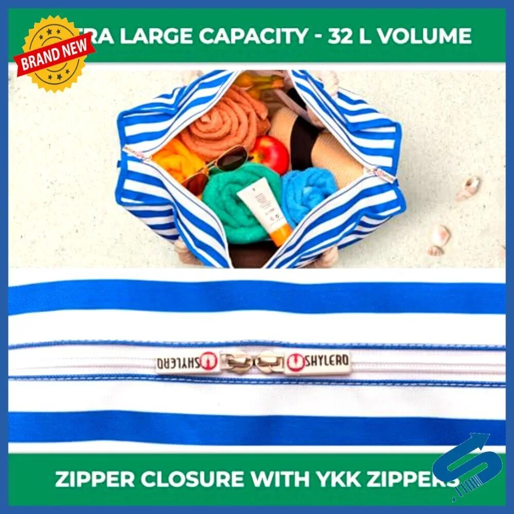 Water Resistant Tote Bag with Zippered Compartments Roomy Family Size Beach Pool